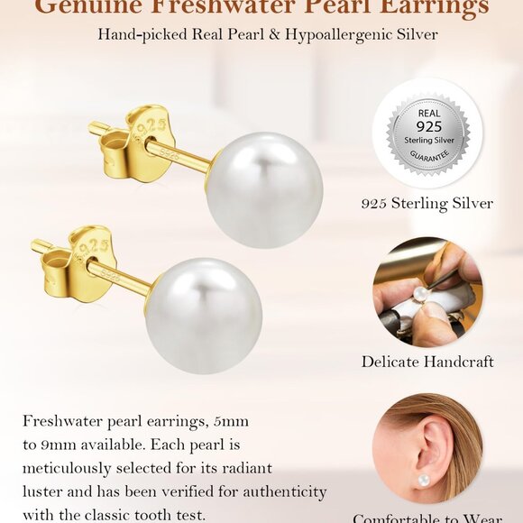 Freshwater Pearl Stud Earrings Silver 6mm Hypoallergenic Gift Ready - Picture 2 of 6